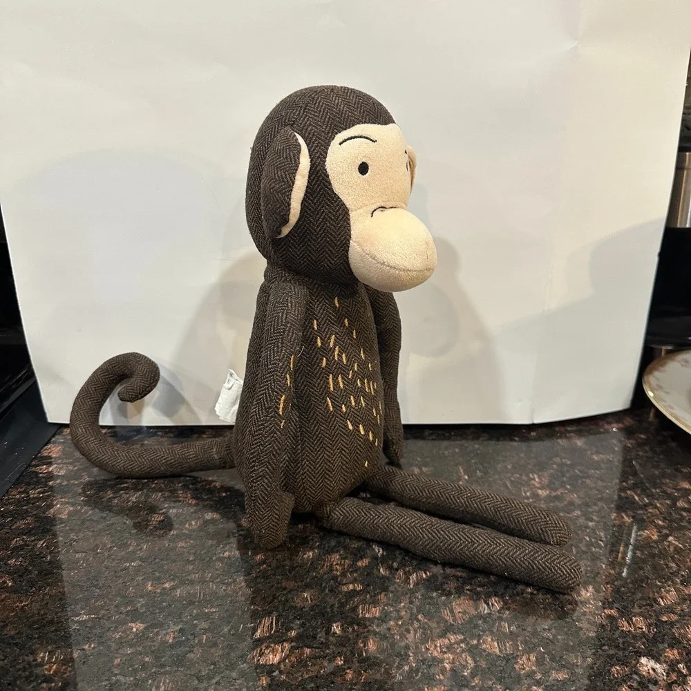 Pillowfort Monkey Figural Throw Pillow Brown Herringbone Plush 12in Stuffed Toy